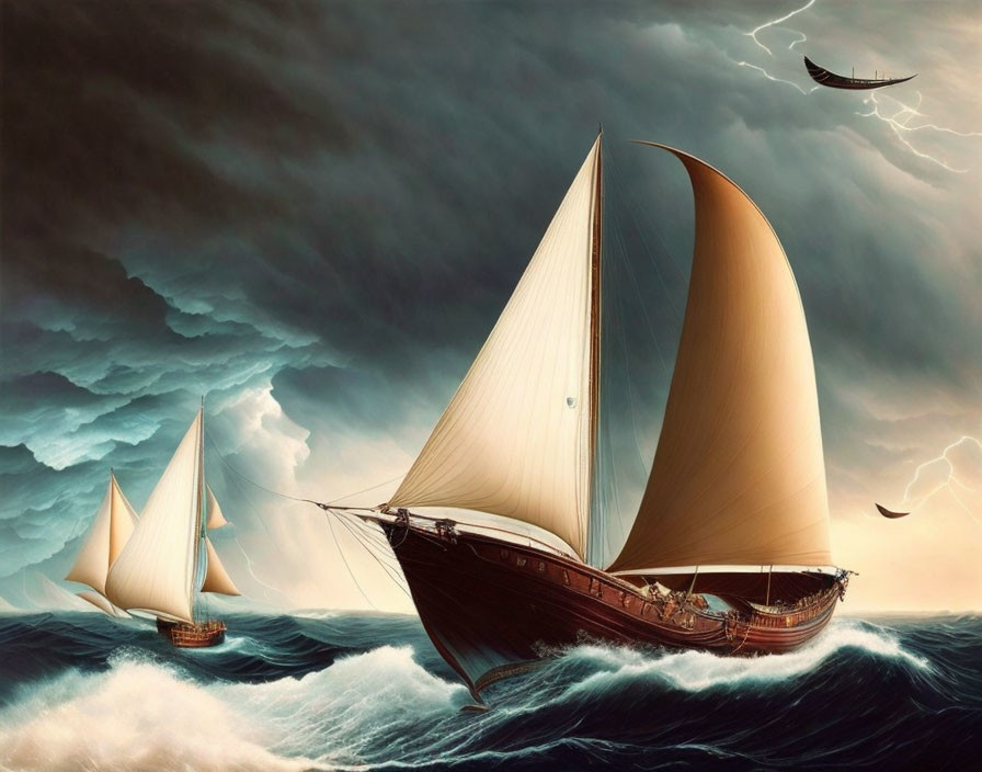 Sailing ships with billowing sails on turbulent seas under dramatic sky