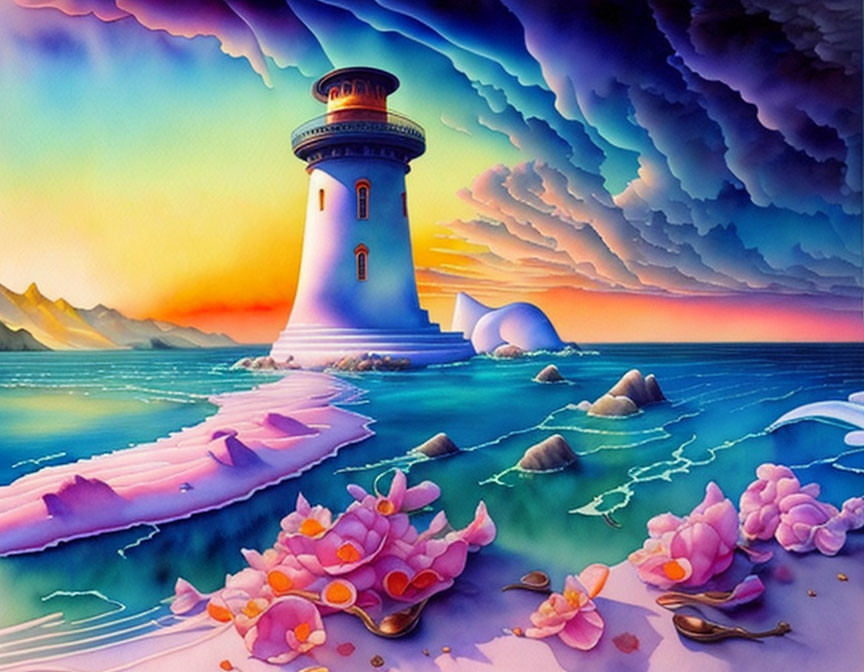 Colorful sunset illustration of lighthouse, seas, flowers & mountains