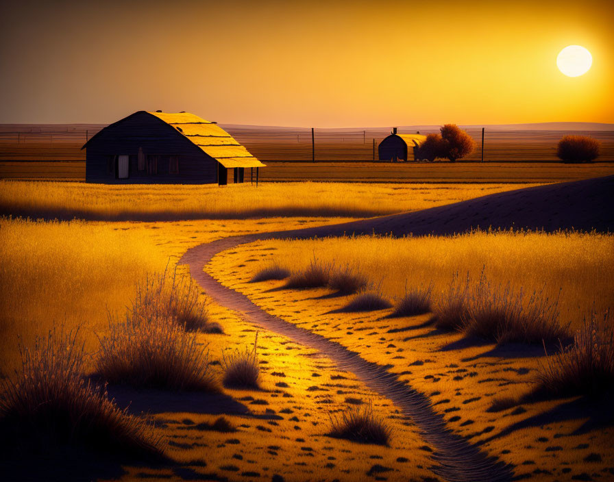 Winding Path to Solitary House and Silo at Sunset