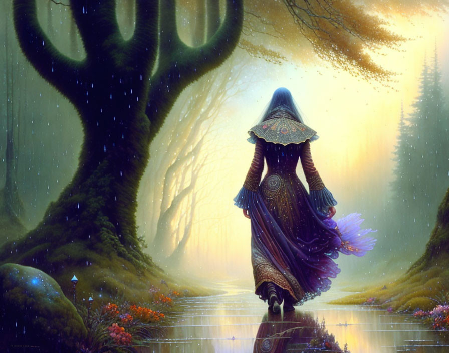 Cloaked Figure in Mystical Forest with Vibrant Flora and Fireflies