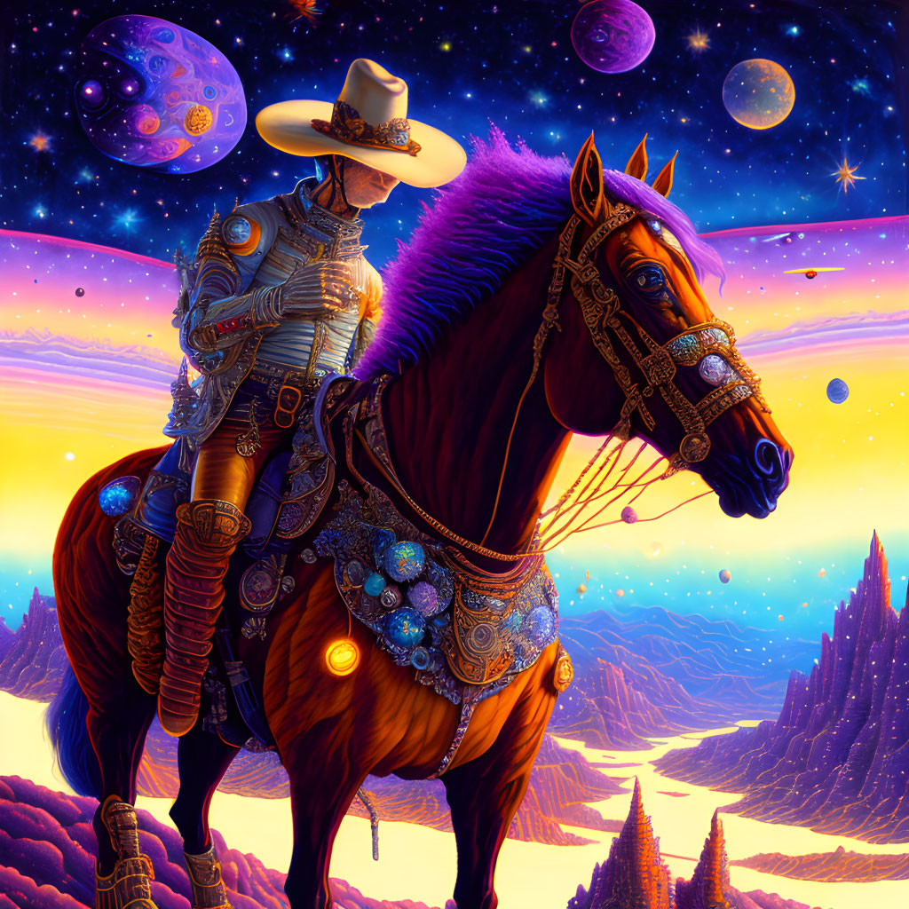 Futuristic armored rider on horse with sci-fi western backdrop