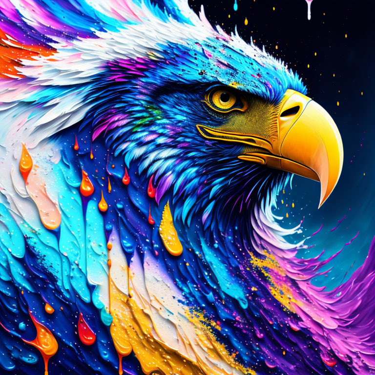 Colorful digital artwork: Eagle with dynamic paint texture on feathers