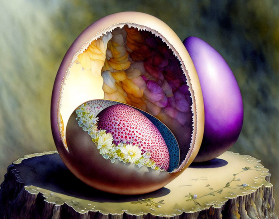 Intricately Decorated Easter Eggs on Wooden Surface