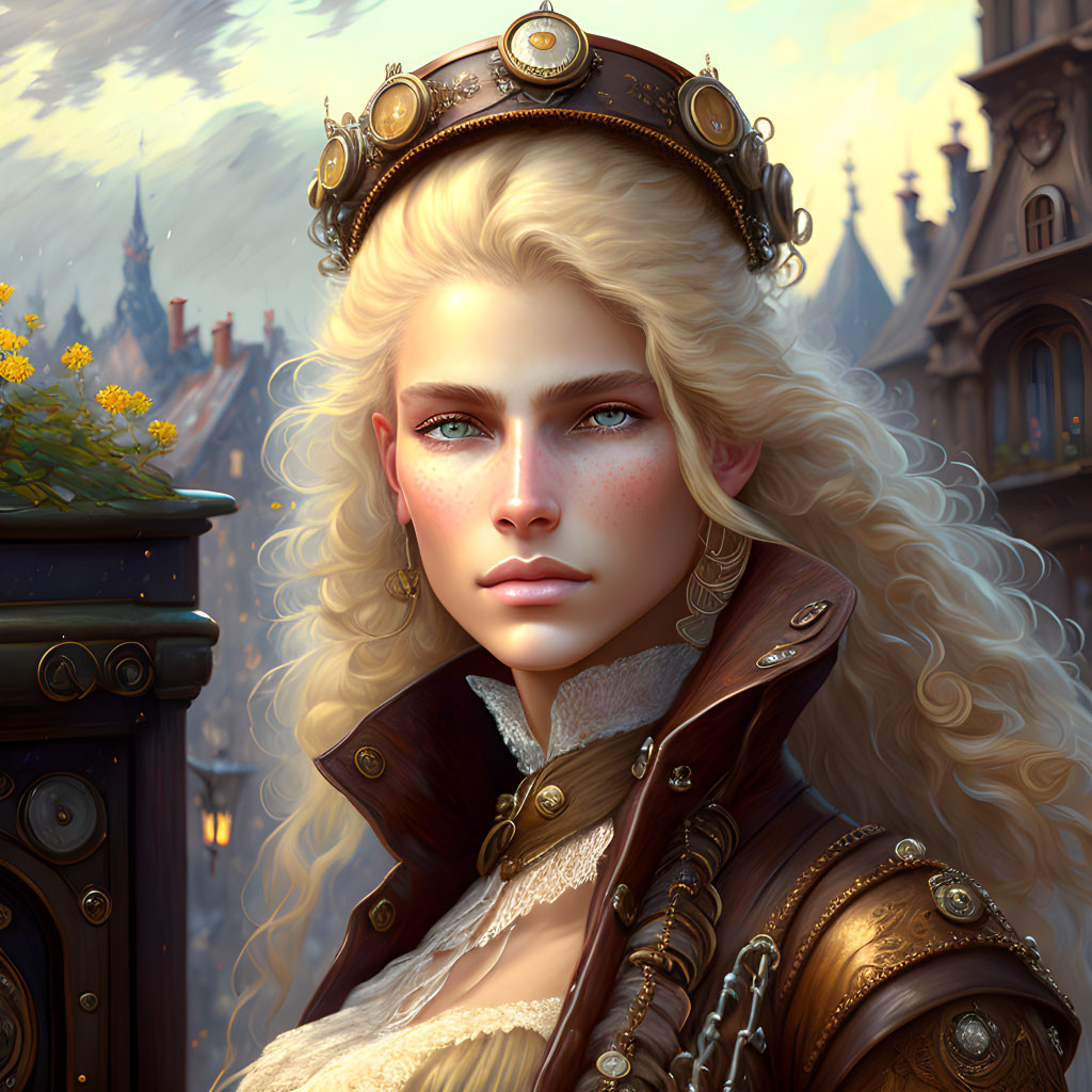 Blonde woman in medieval attire with crown against castle backdrop