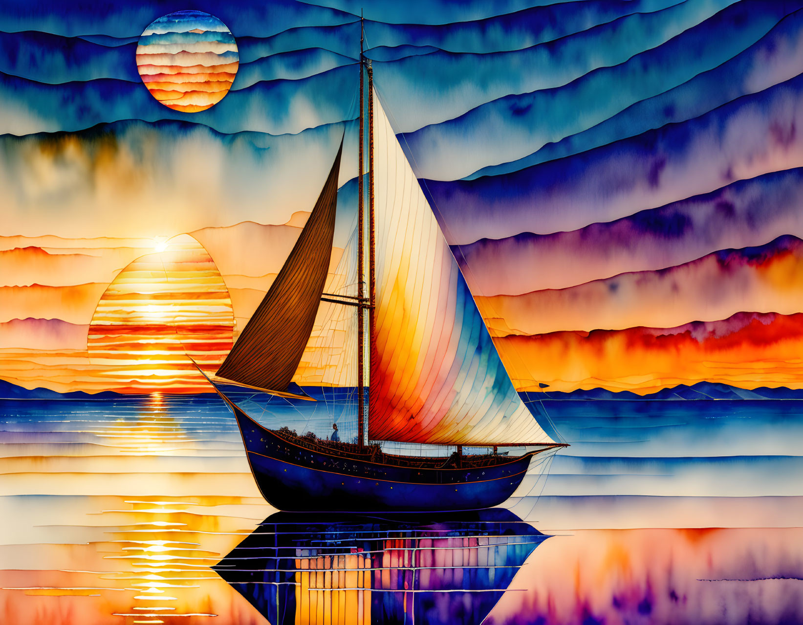 Colorful digital sailboat artwork with sunset sky and wavy patterns