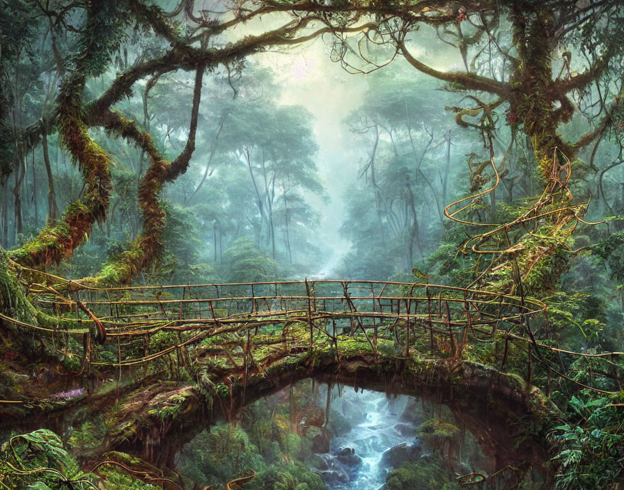 Moss-covered bridge in misty forest with sunlight filtering through foliage