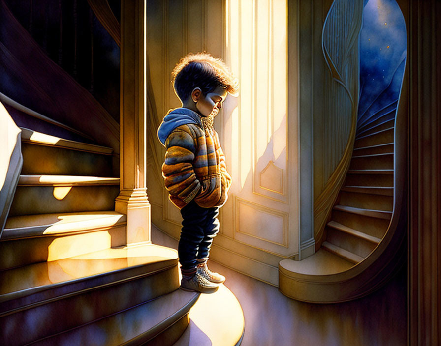 Child in striped jacket on warmly lit staircase by night sky window