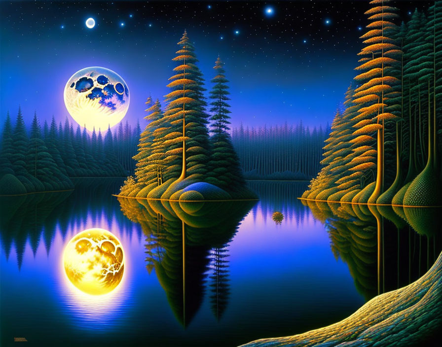 Surreal moonlit night landscape with starry sky reflected in forest lake