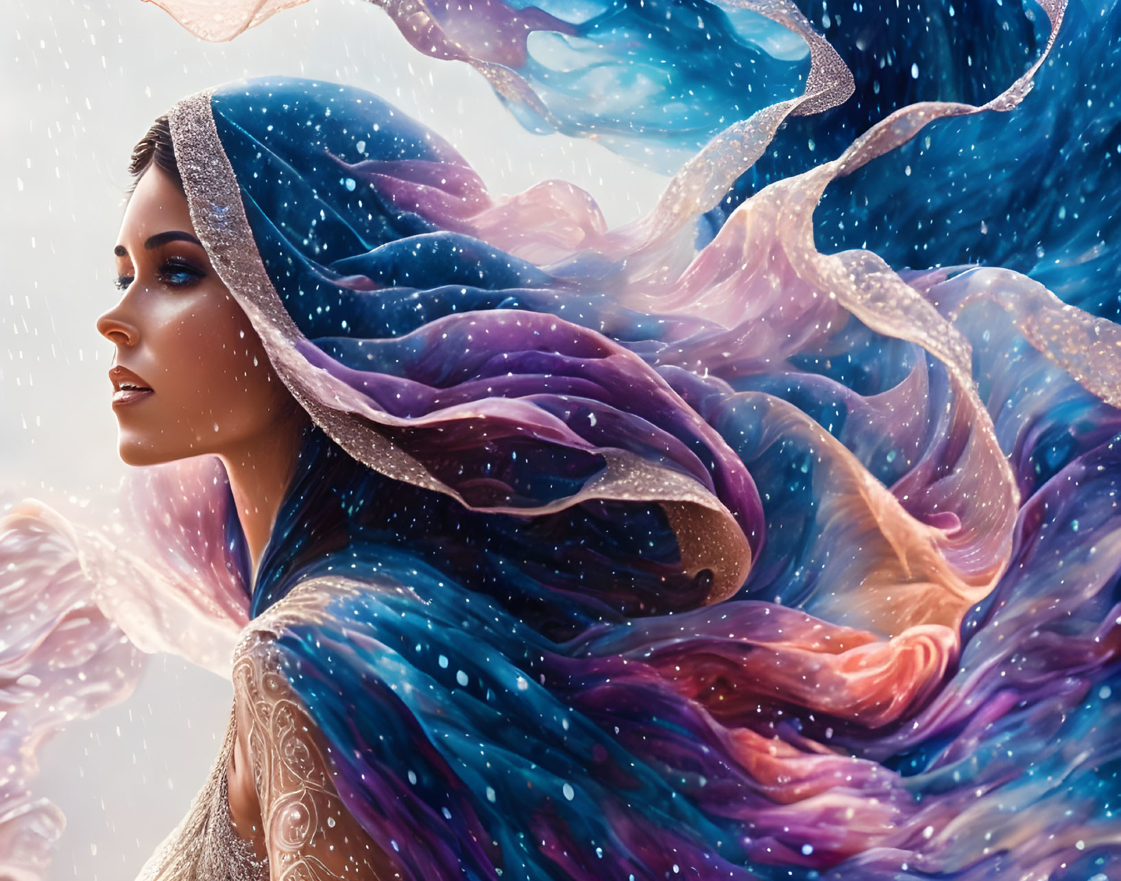 Woman with flowing starry hair and butterfly wing in blue and purple rain