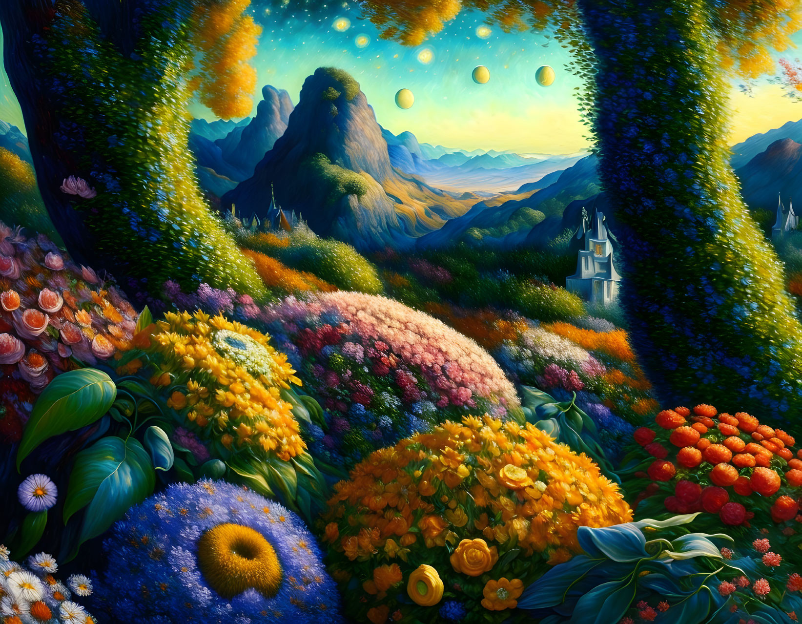 Colorful Fantasy Landscape with Flowers, Castle, Mountains, and Moons