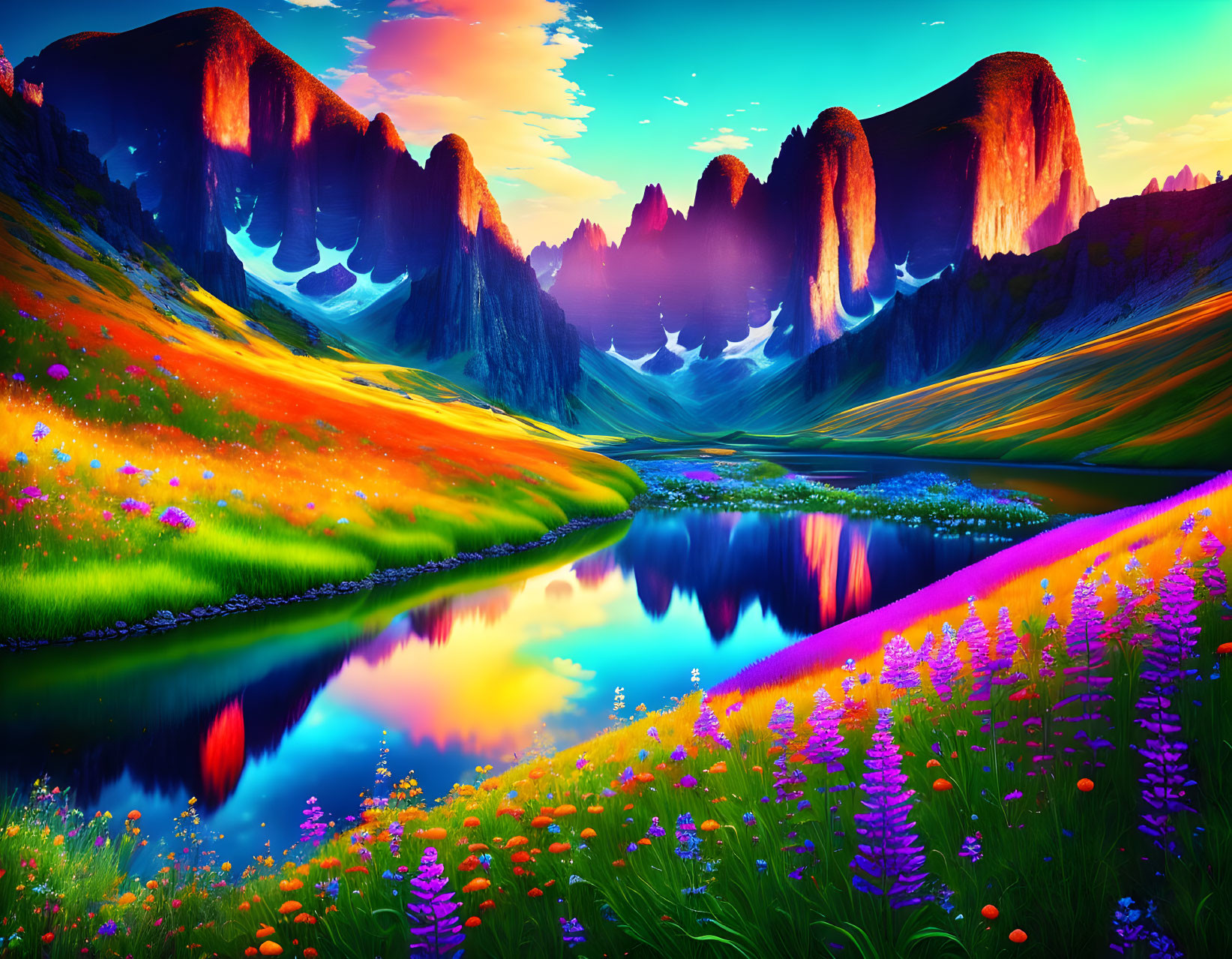 Colorful Meadow & River Landscape with Glaciers