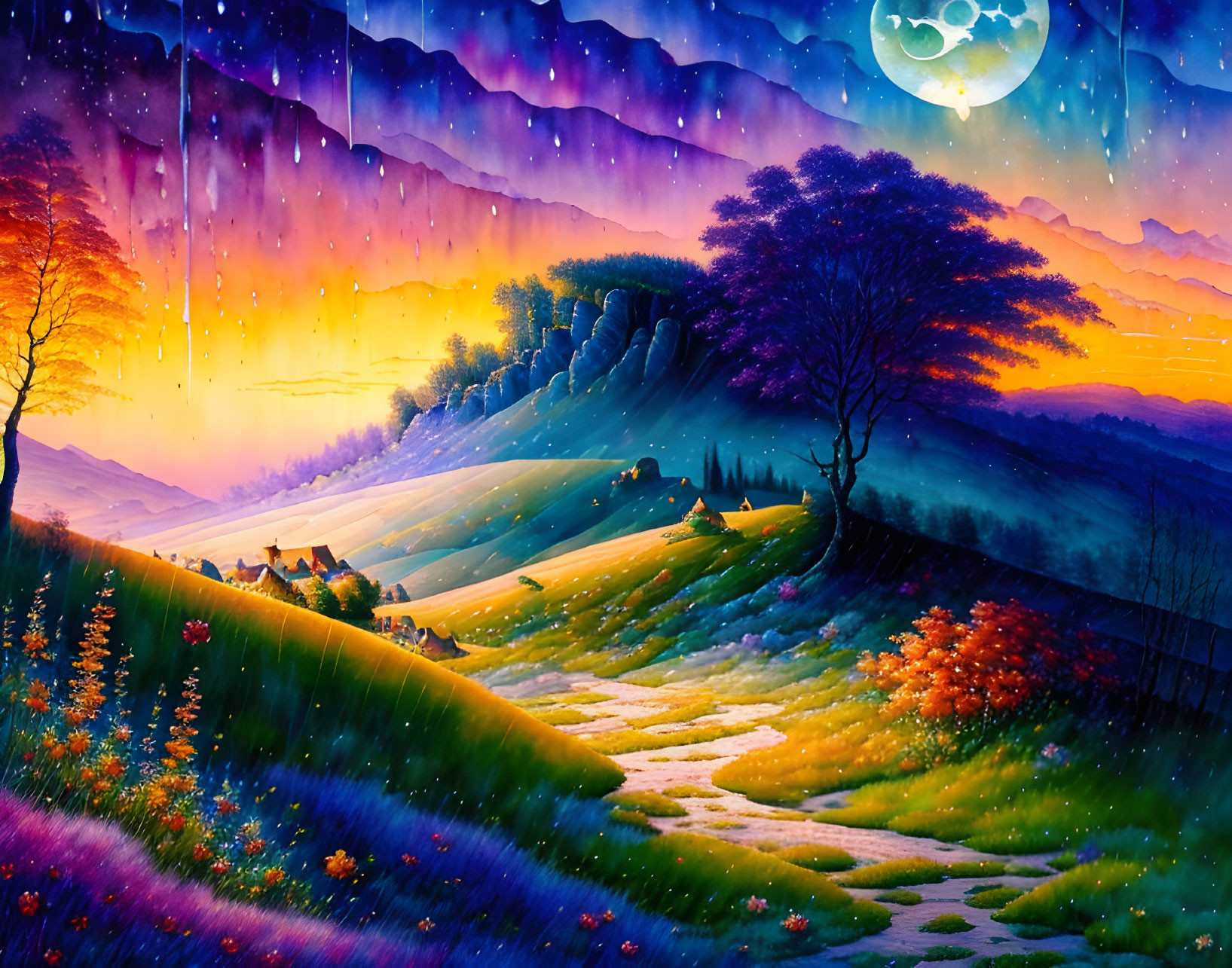 Colorful surreal landscape with full moon, rolling hills, tree, and flowers