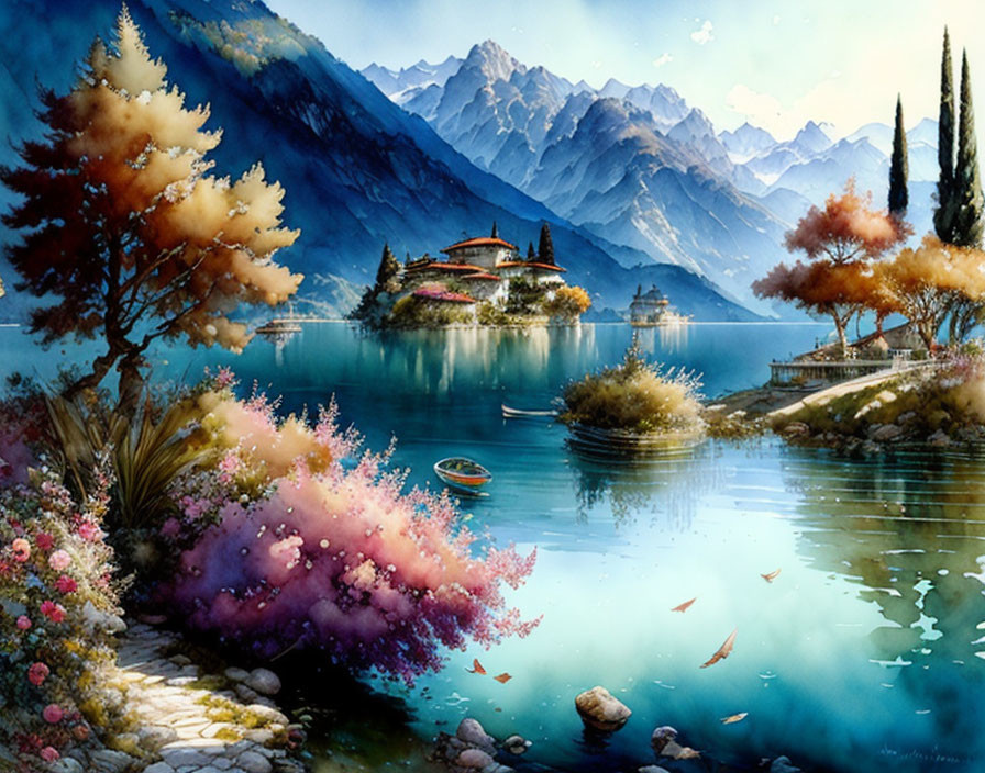 Tranquil landscape with blue lake, mountains, flora, boat, and island villa