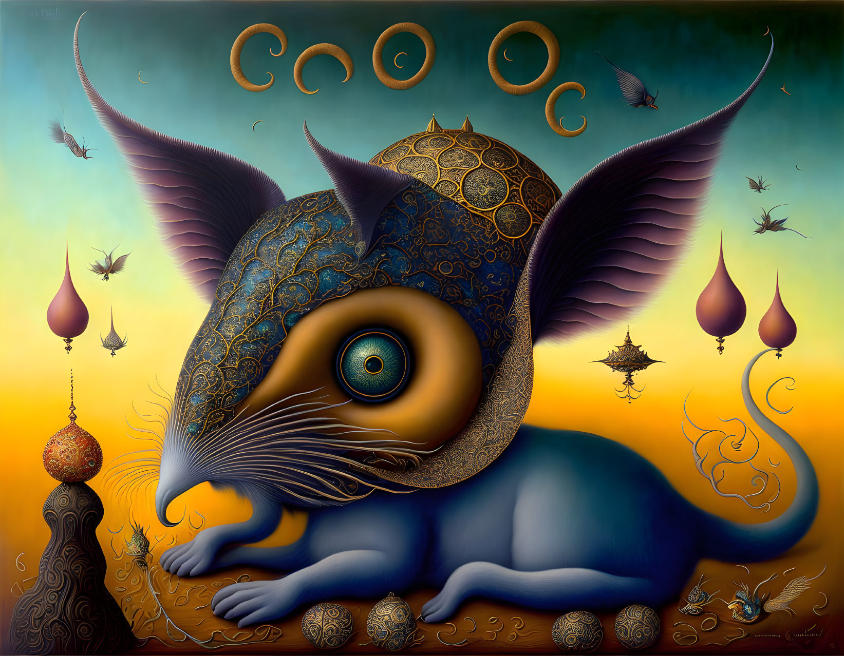 Blue creature with large eye and cat-like ears in surreal artwork