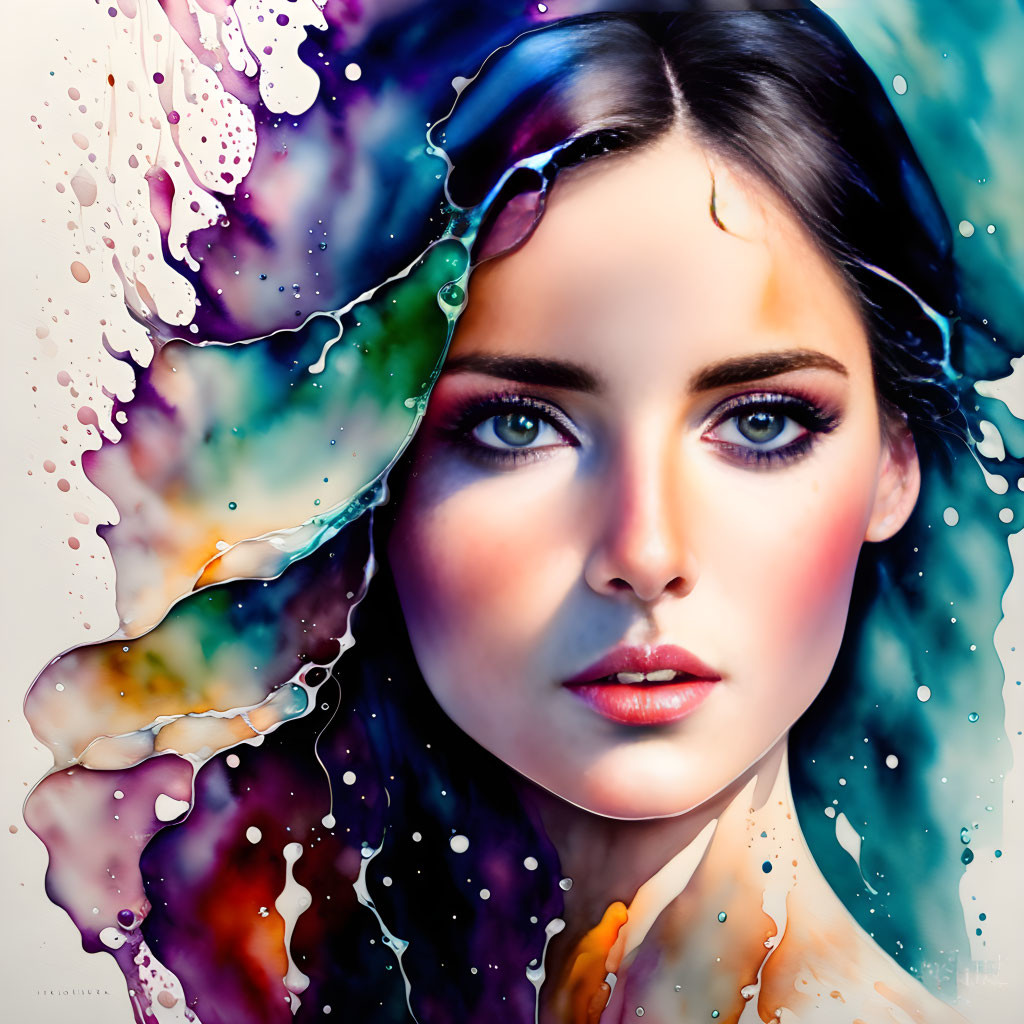 Vibrant digital artwork: Woman's face with colorful paint splashes