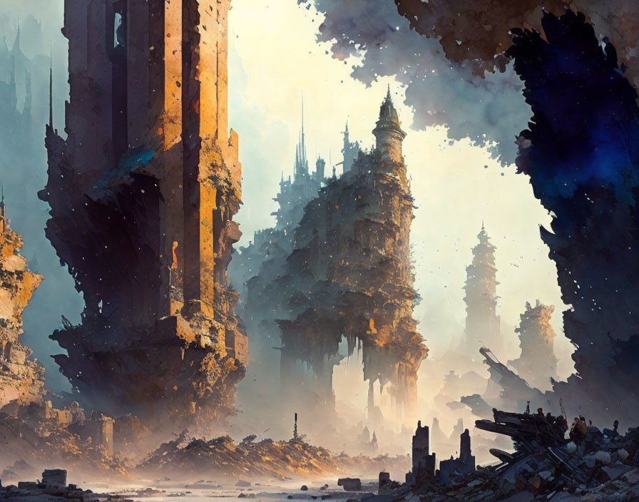 Mystical ruined cityscape with towering spires and ethereal glow