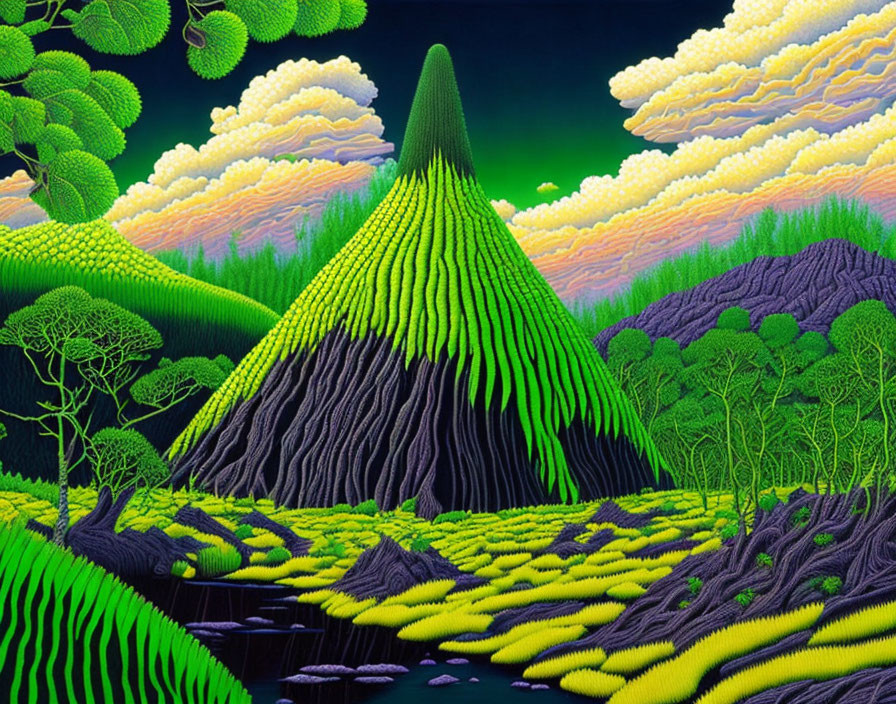 Neon green landscape with pyramid-shaped mountain and fluorescent terrain