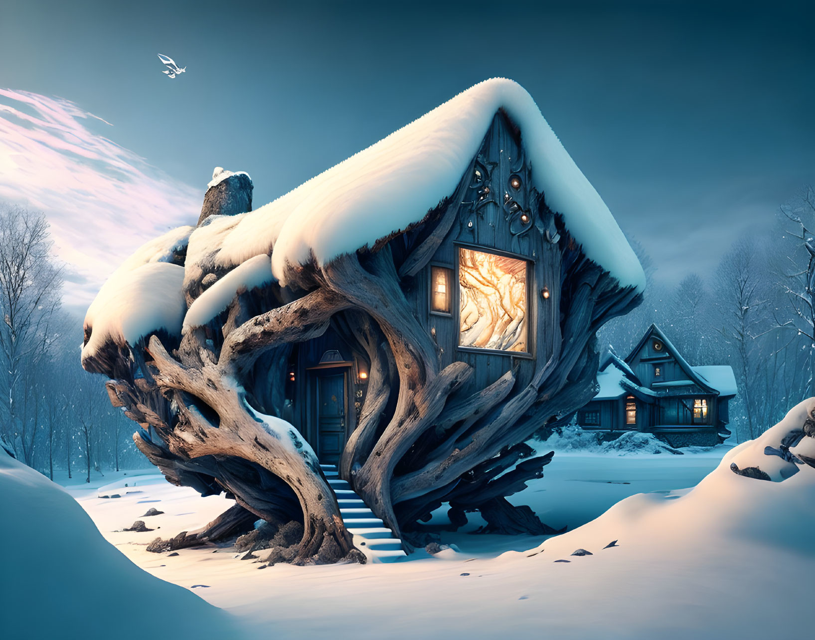 Glowing window treehouse in snowy twilight forest