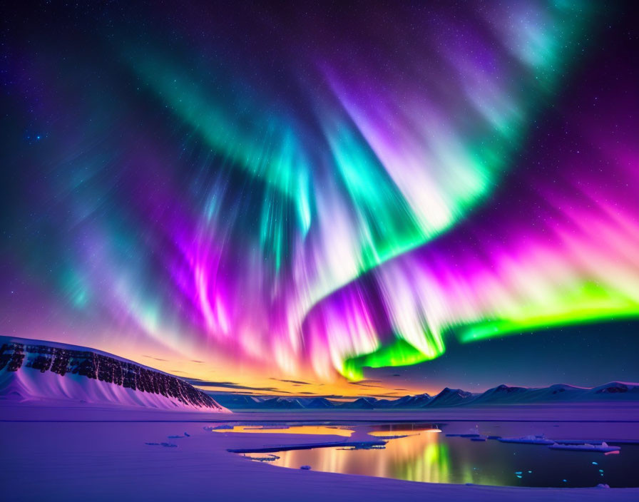 Colorful Aurora Borealis Over Snowy Landscape at Twilight