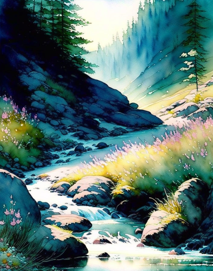 Tranquil Watercolor Painting of Stream, Trees, Wildflowers, and Mountains