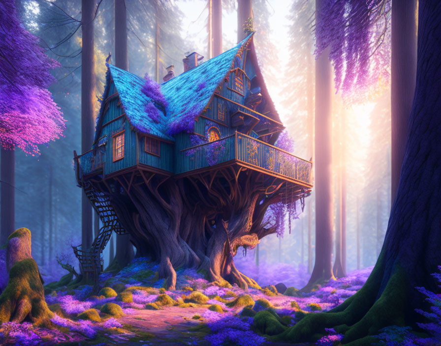 Blue-roofed treehouse in magical forest with purple foliage