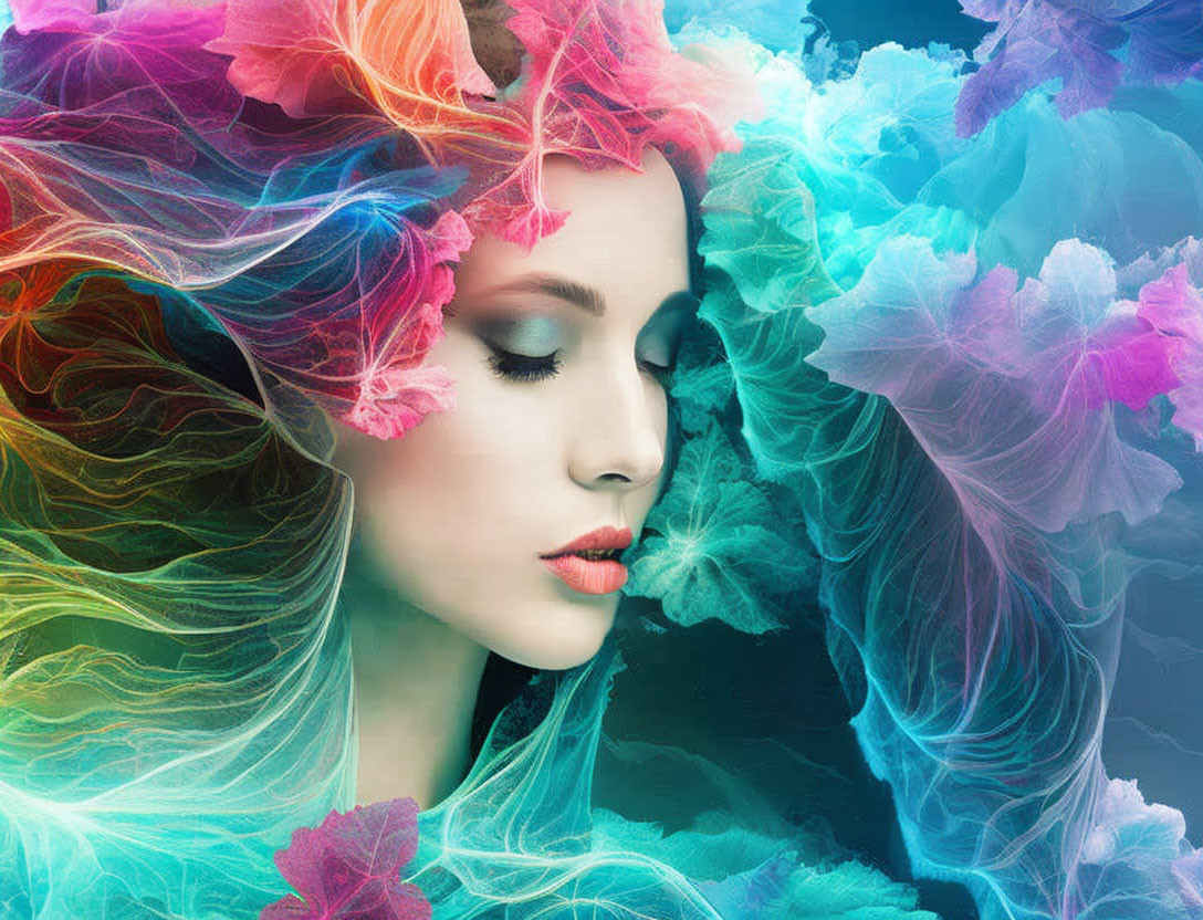 Vibrant multicolored hair portrait against blue backdrop