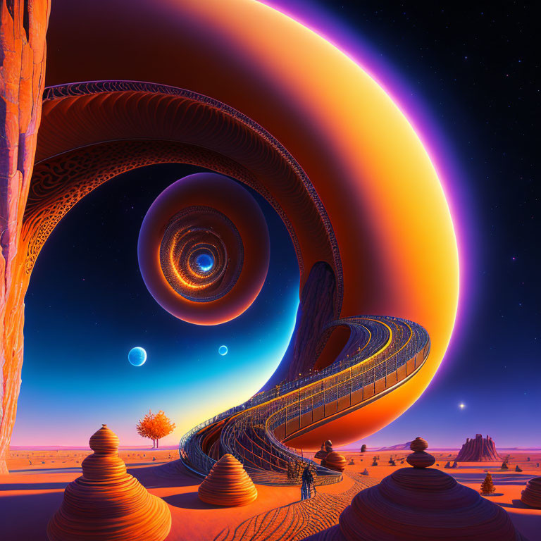 Surreal landscape with twisted structure, lone tree, planets, and sand dunes at sunset.