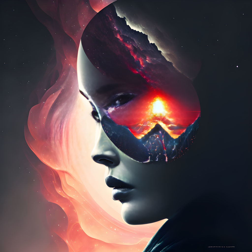 Surreal portrait blending woman's face with cosmic and fiery landscapes