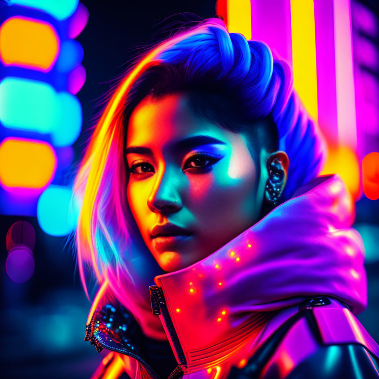 Serious woman under neon lights with pink and blue hues.