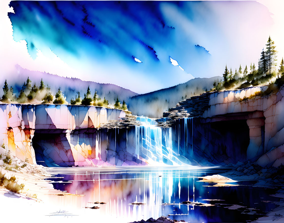 Vibrant Watercolor Painting of Waterfall with Blue Sky