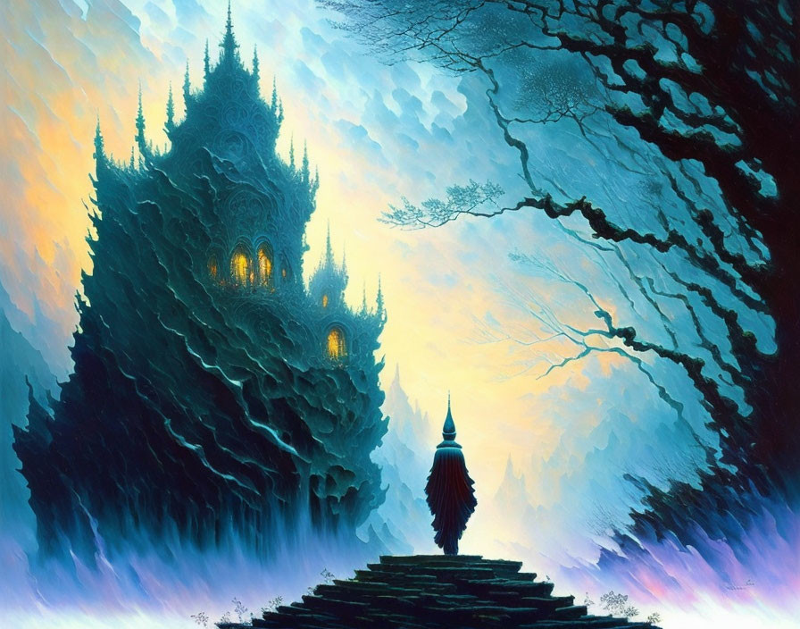 Person in red cloak climbs stone steps to illuminated castle on cliff in mystical blue forest