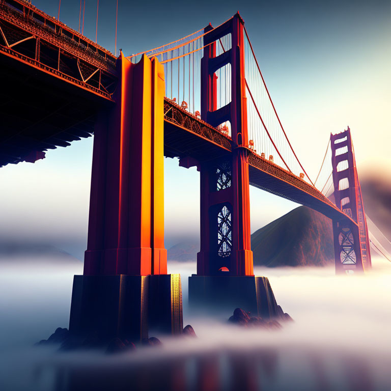 Foggy sunrise at Golden Gate Bridge with warm light on red-orange steel