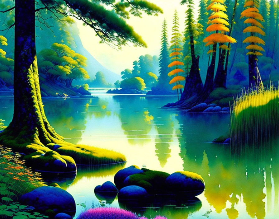 Colorful Trees and Serene Lake in Digital Art Landscape