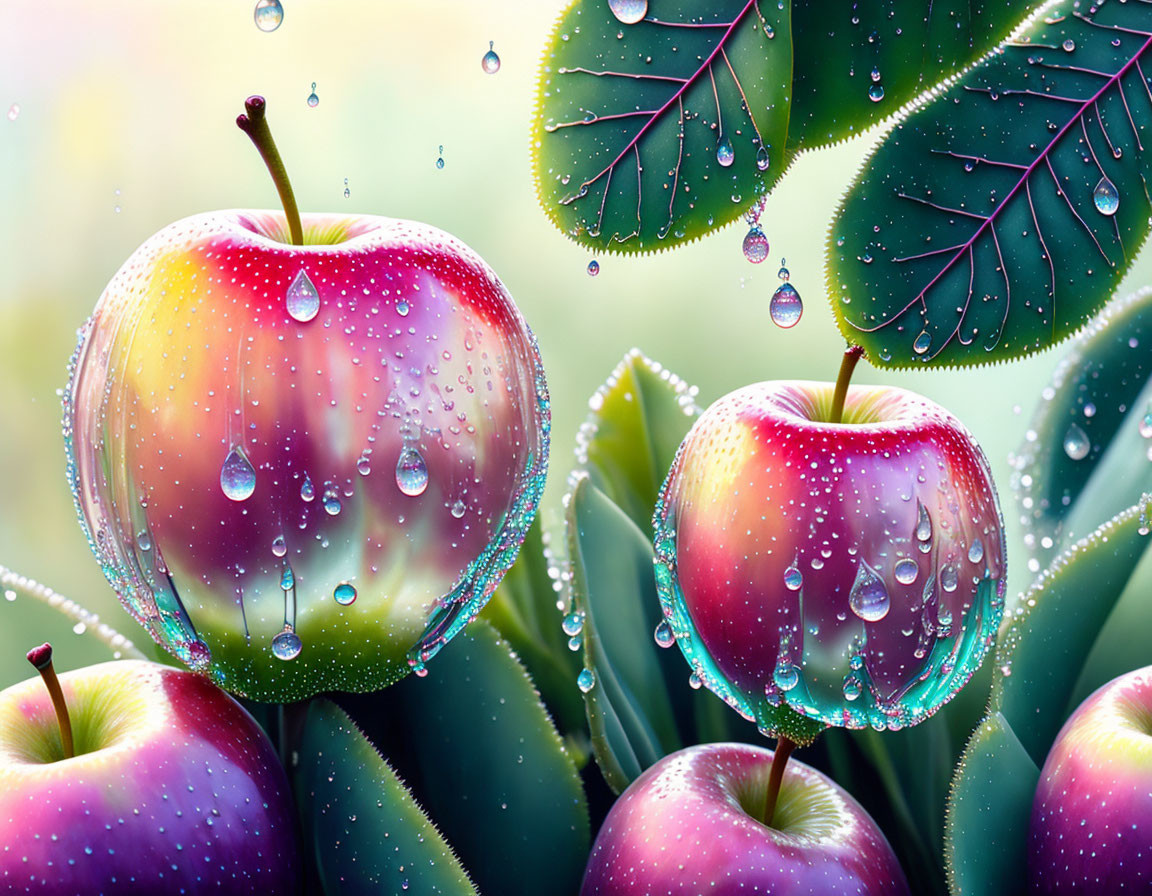 Hyper-realistic digital image of dewy apples and leaves on bokeh backdrop