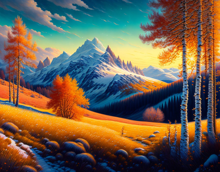 Colorful autumn trees, snowy mountain, sunbeam in forest landscape