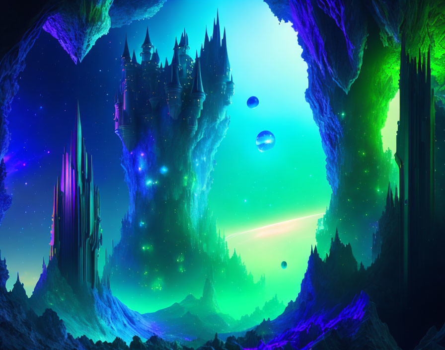 Fantastical landscape with floating islands and glowing aurora sky