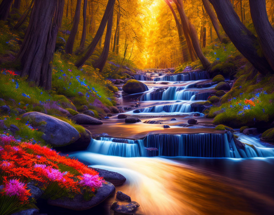 Tranquil waterfall in vibrant autumn forest