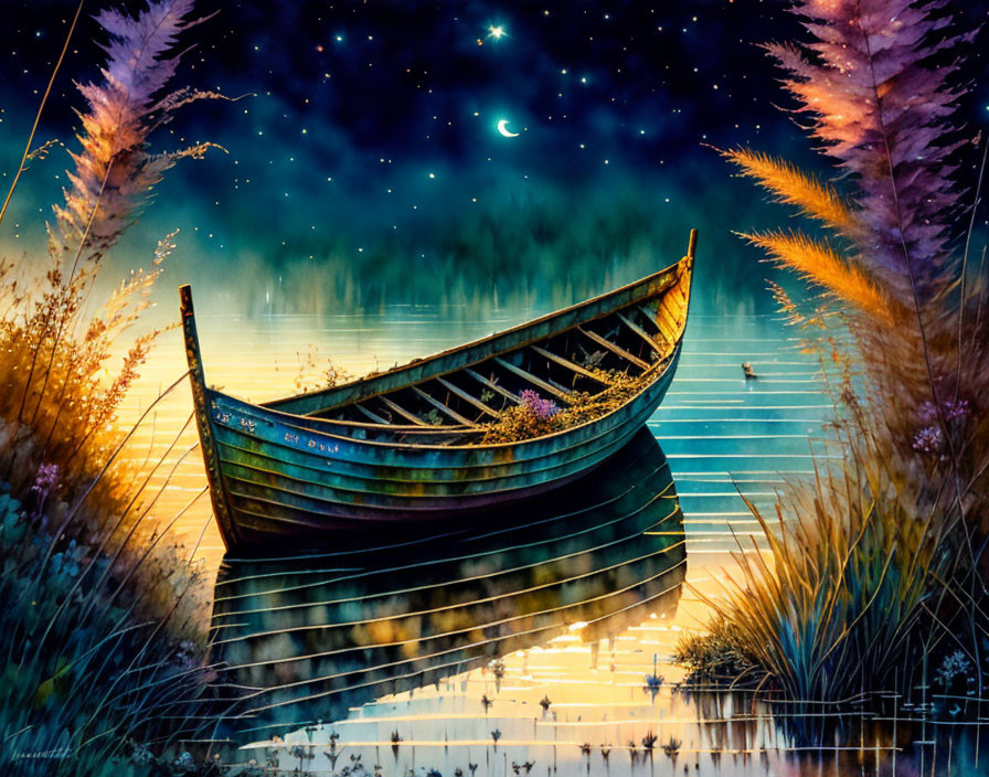 Old Wooden Boat Resting by Tranquil Lake Under Starry Night Sky