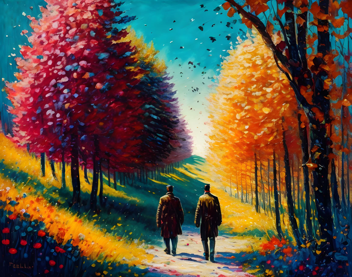 Autumnal path with two individuals and birds in blue sky