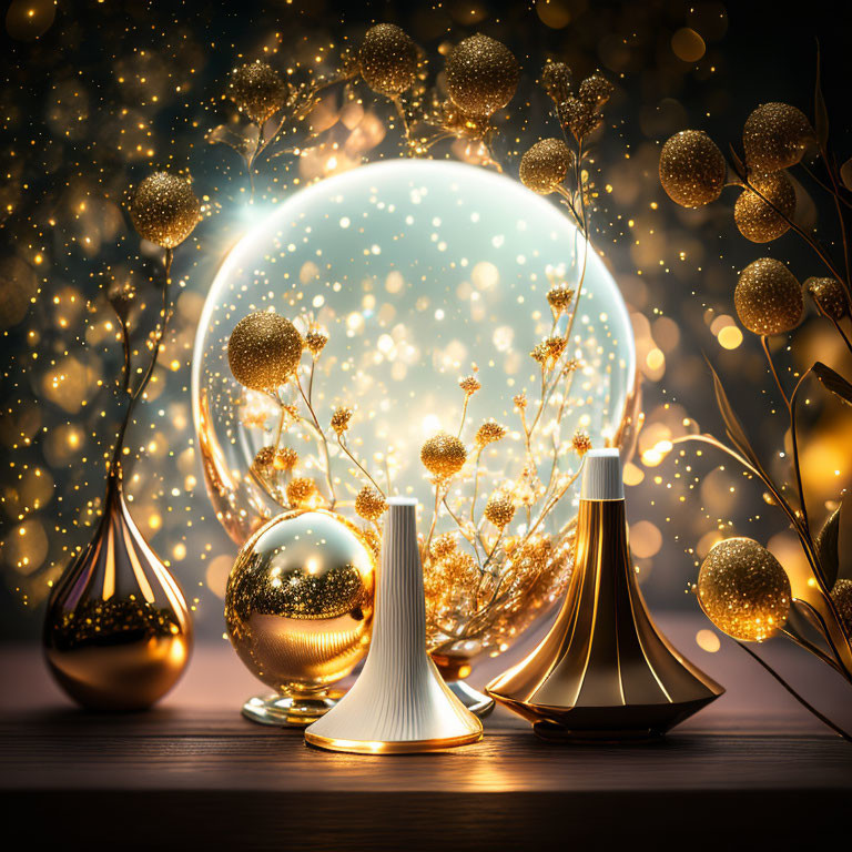 Mystic composition with glowing orb, gold-tinted flora, and elegant vases