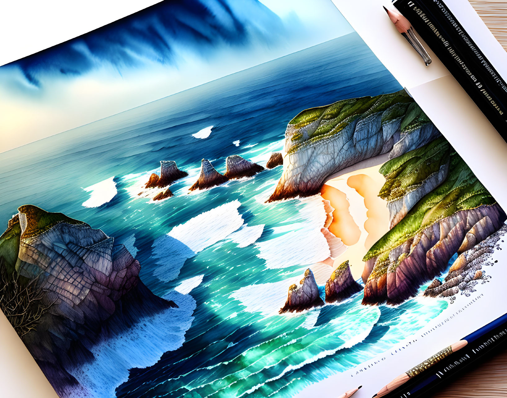 Sea cliffs illustration blending with pencils and sharpener for 3D effect