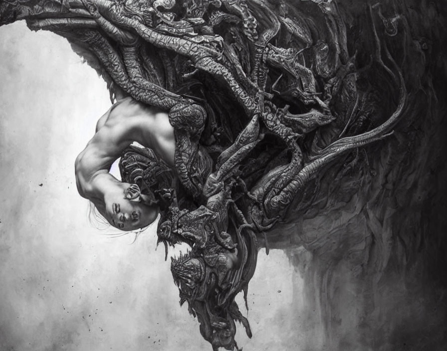 Monochromatic image of shirtless person entwined in sinuous roots or branches