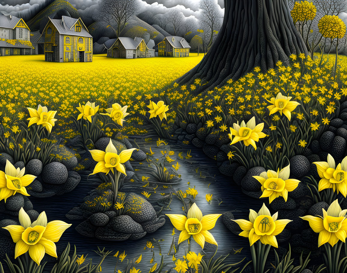 Vibrant daffodils, pond, houses under starry night sky