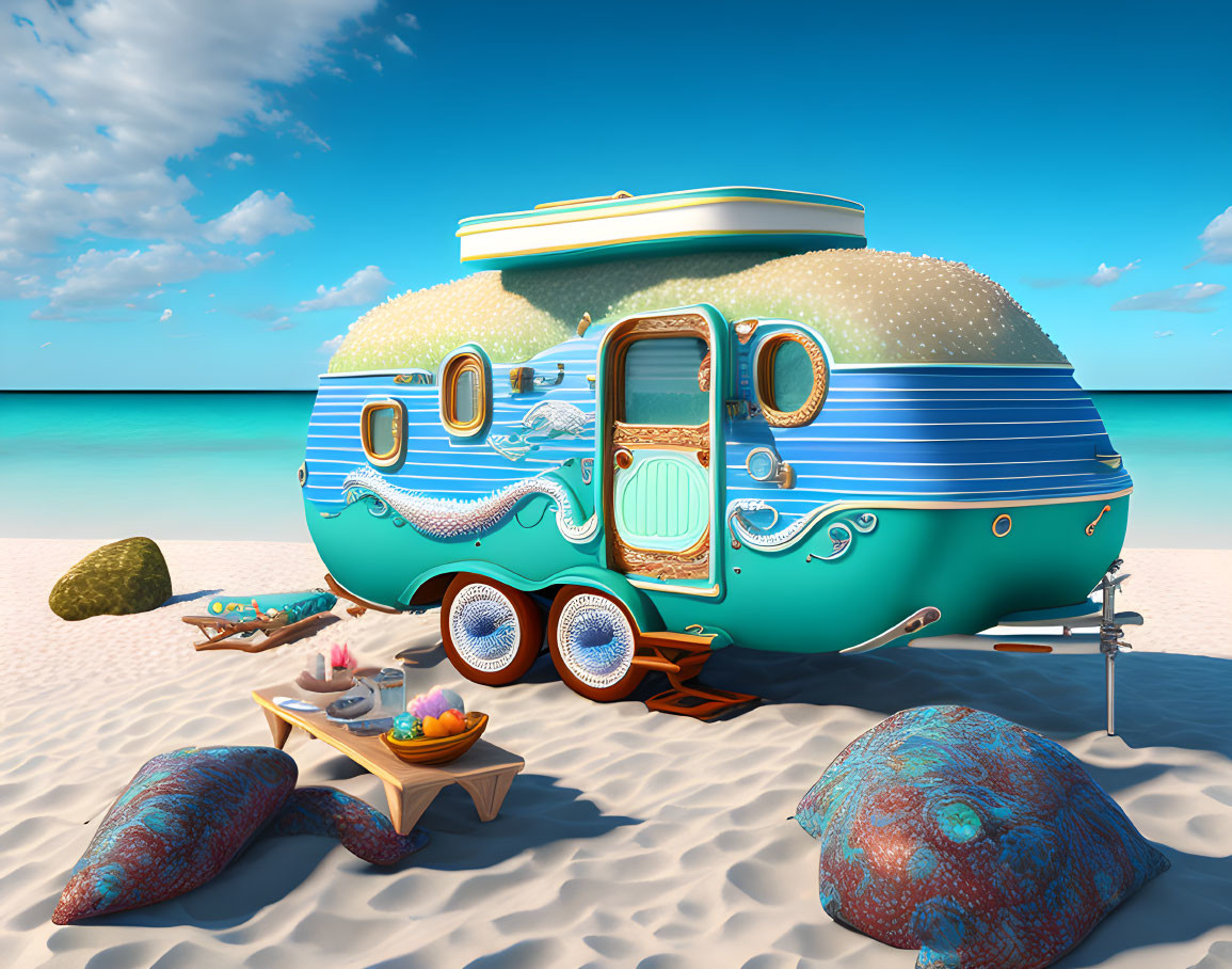 Turquoise caravan on sunny beach with colorful rocks and tropical drinks