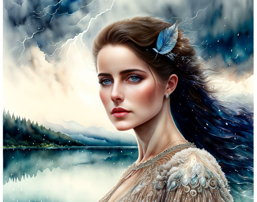 Portrait of woman with blue eyes and feather in hair against stormy sky, calm lake, mountains