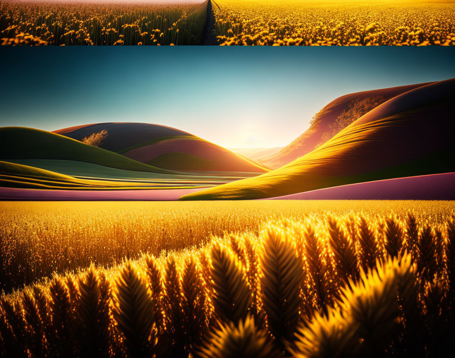 Split-view: Golden wheat field under sunset & rolling sand dunes with shadows