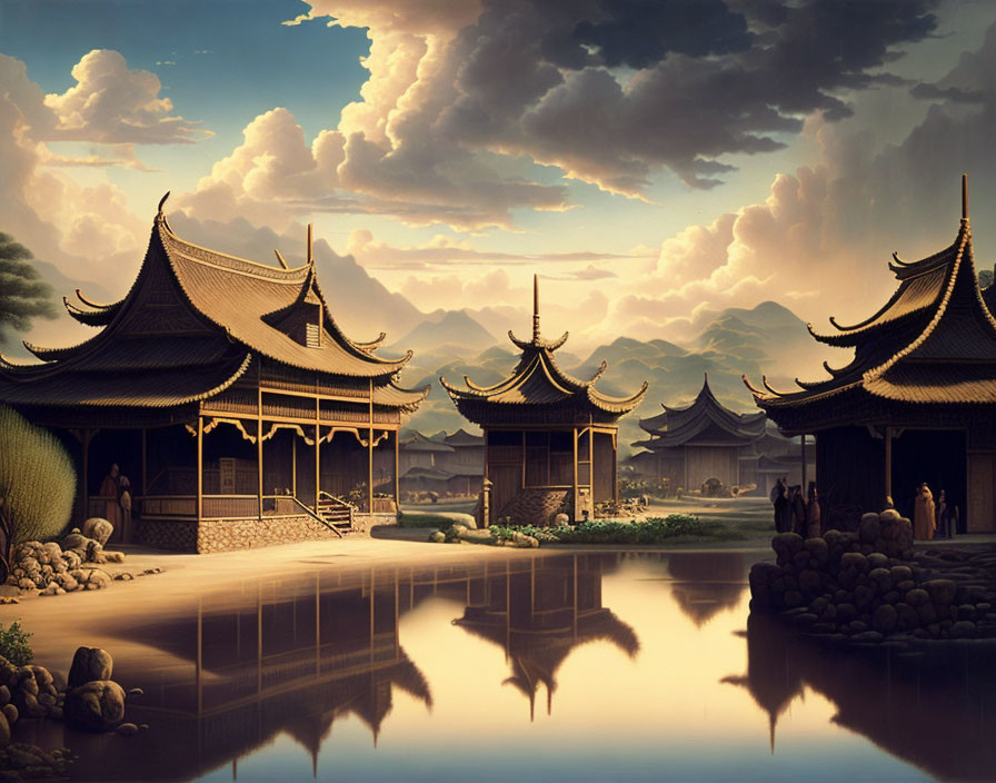 Asian-style Buildings with Intricate Roofs Reflecting on Water at Dusk or Dawn