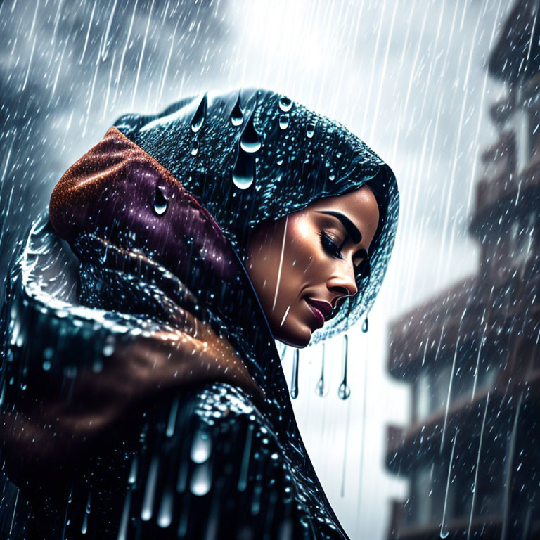 Woman in Hooded Garment Contemplating in Rainstorm