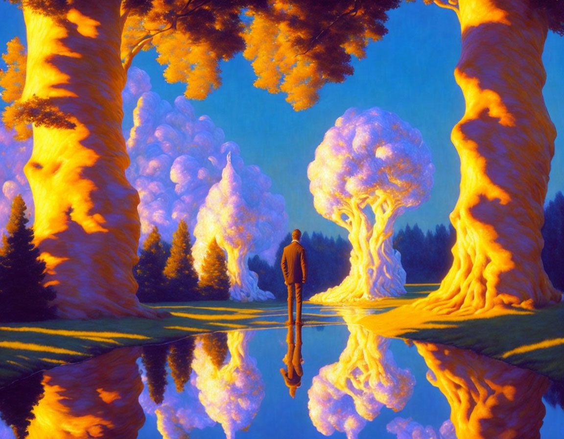 Person in surreal landscape with vibrant trees and oversized mushroom cloud.