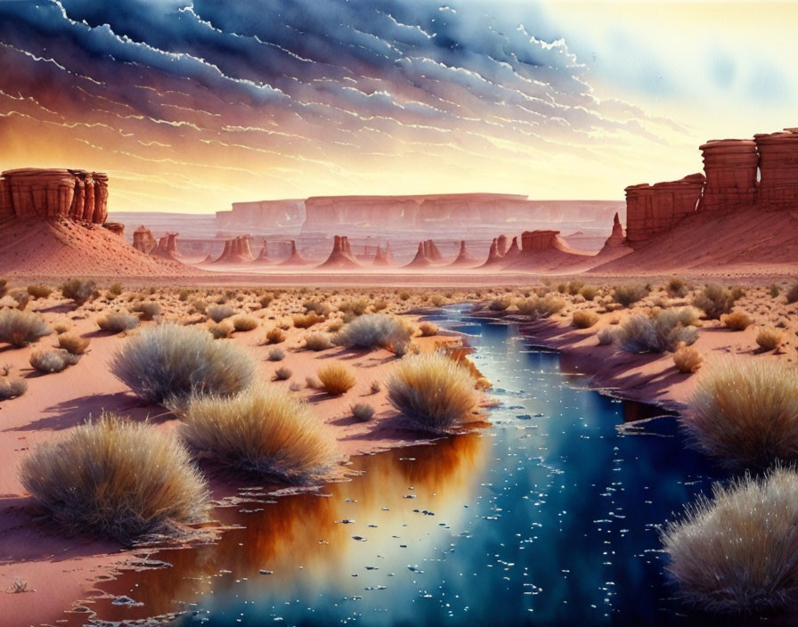 Tranquil desert sunset with blue river, lush bushes, and red rock formations